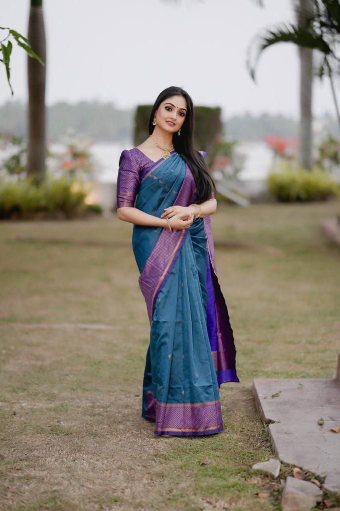 Latest Rama Blue Color Jaquard Border Soft Lichi Silk Saree