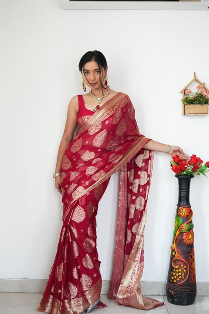 Red Banarasi Silk Saree With Zari Weaving Work