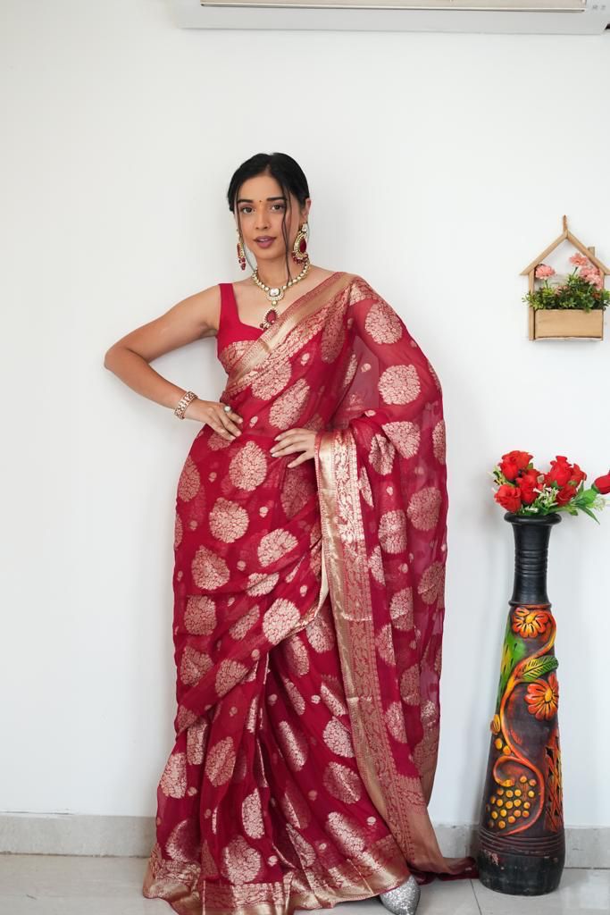 Red Banarasi Silk Saree With Zari Weaving Work