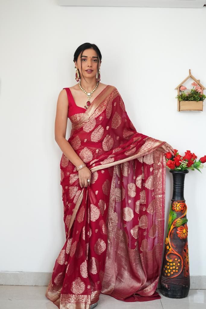 Red Banarasi Silk Saree With Zari Weaving Work