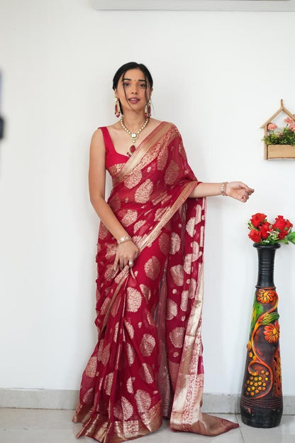 Red Banarasi Silk Saree With Zari Weaving Work