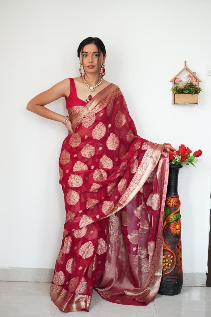 Red Banarasi Silk Saree With Zari Weaving Work