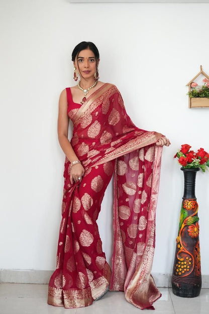 Red Banarasi Silk Saree With Zari Weaving Work