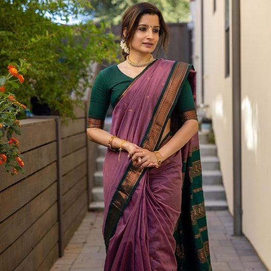 Violet Purple And Green Woven Kanjivaram Saree With Blouse