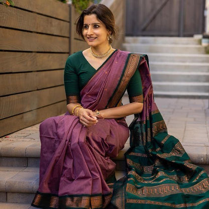 Violet Purple And Green Woven Kanjivaram Saree With Blouse