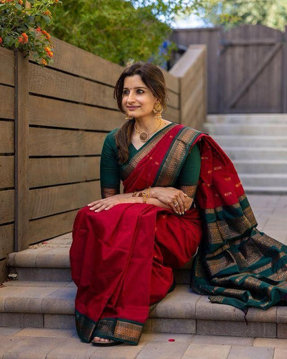 Red & Green Silk Saree With Zari Weaving Work