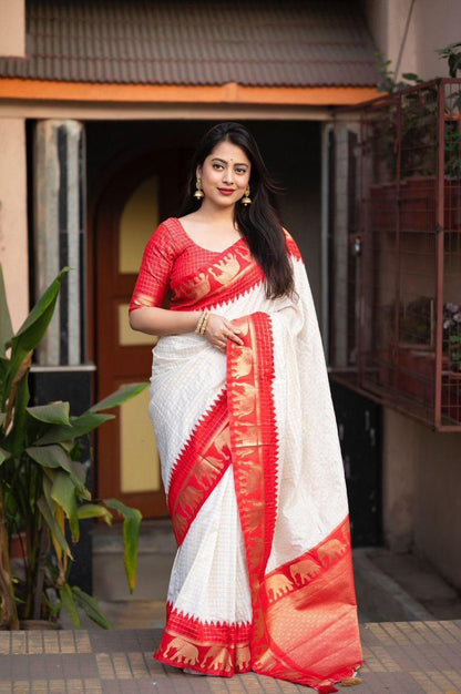 White And Red Colour Rich Pallu Saree