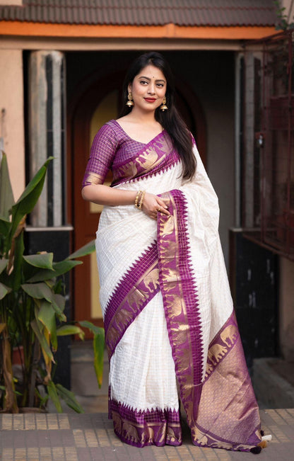 White Purple Silk Saree With Weaving Border