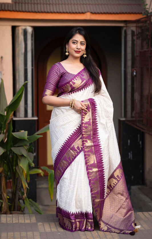 White Purple Silk Saree With Weaving Border