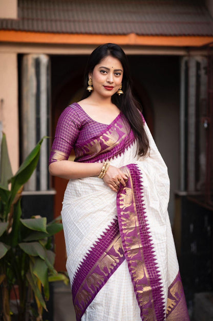 White Purple Silk Saree With Weaving Border