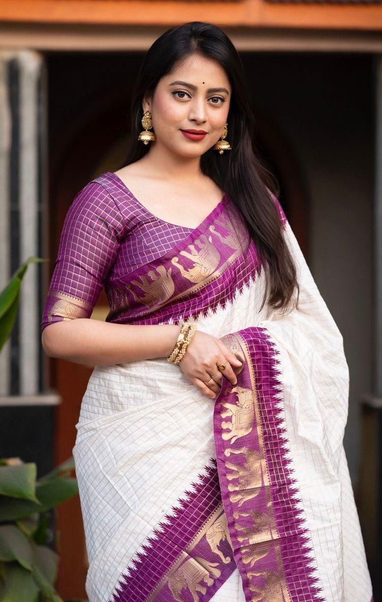 White Purple Silk Saree With Weaving Border